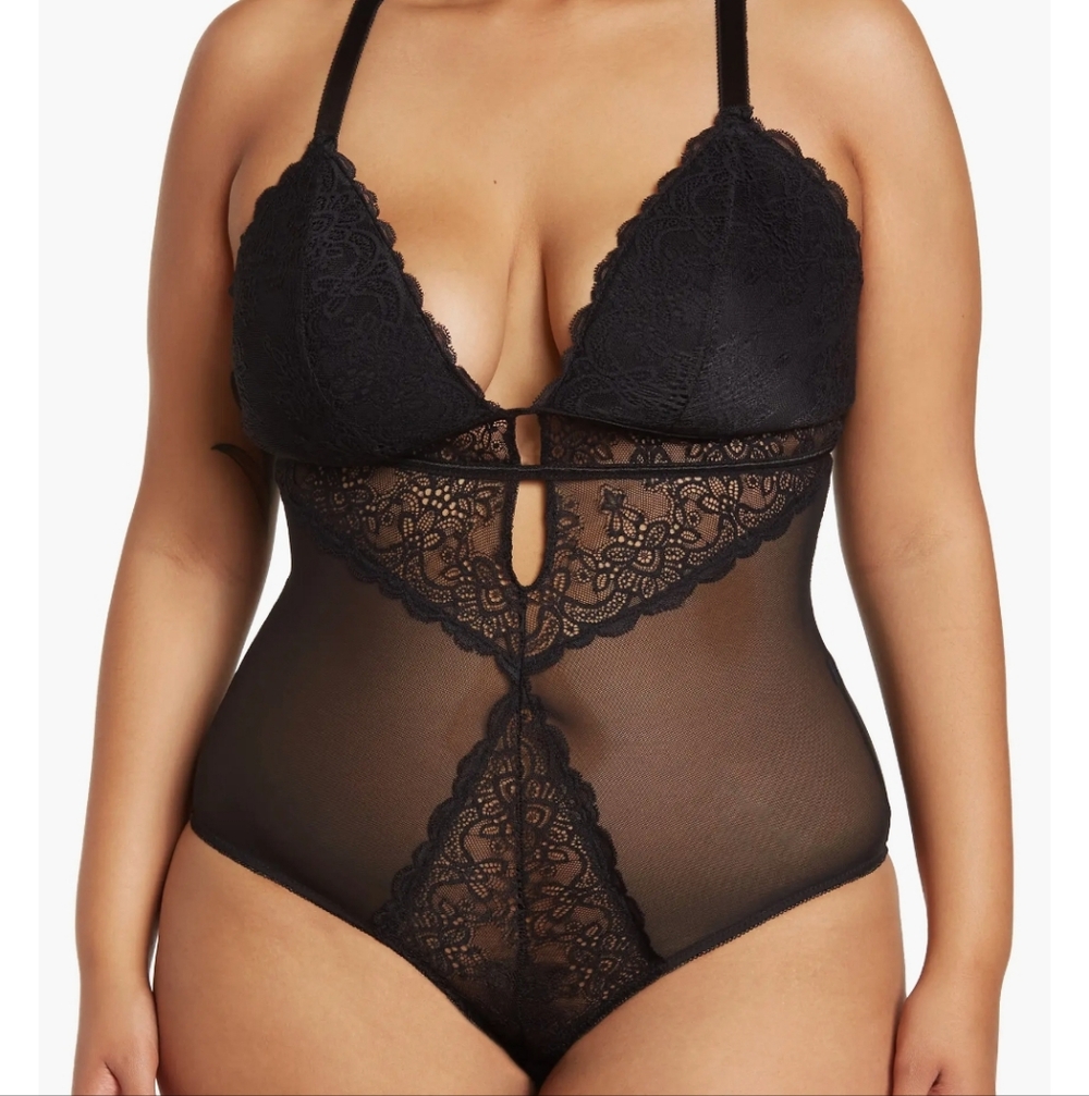 Rachel Roy Curvy Lace High Cut Teddy Bodysuit Black 1X NWT Sheer Lingerie